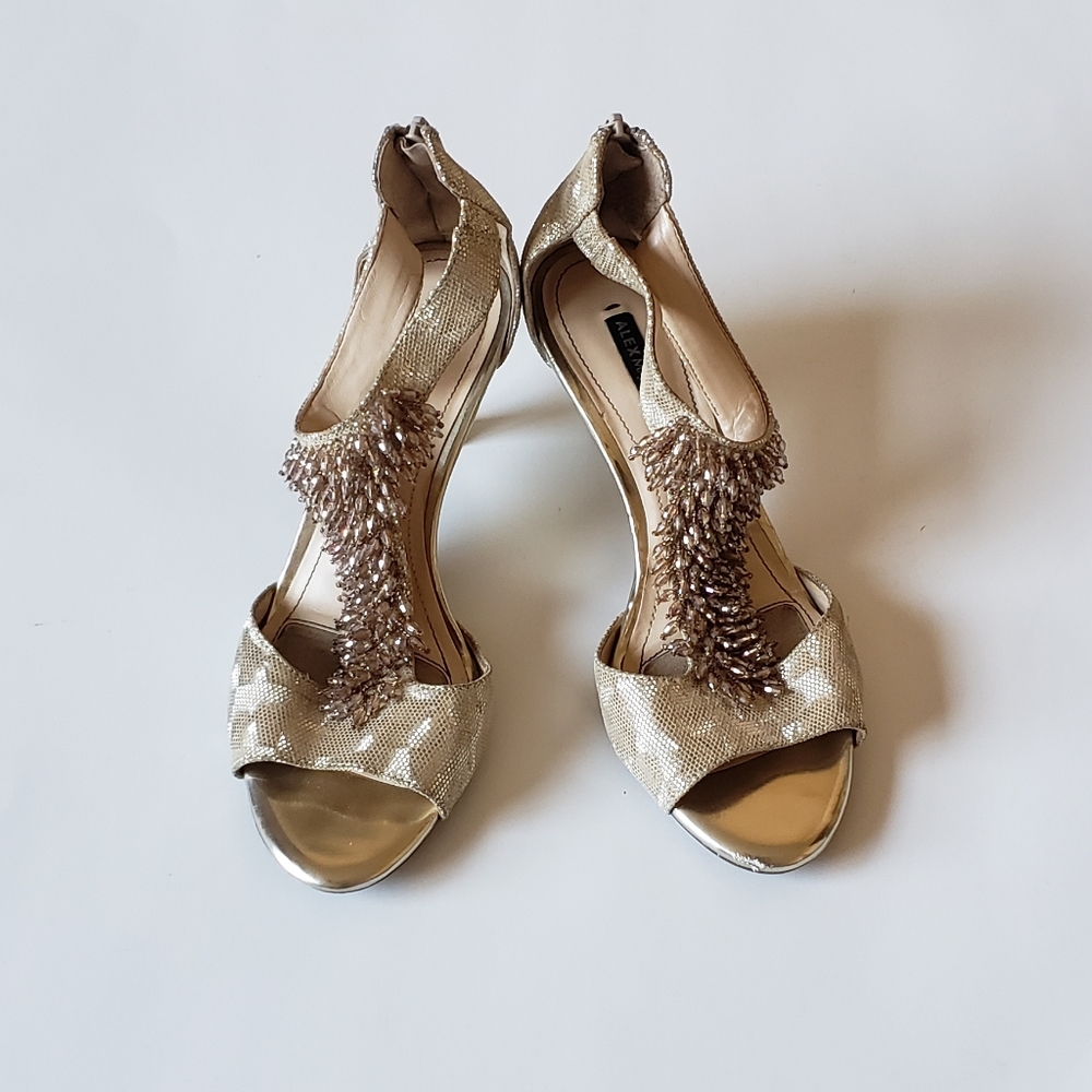ALEX MARIE GOLD T-STRAP KITTEN HEELS W/ BEADING